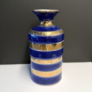Italian Florentine Blue & Gold Striped Ceramic Pottery Bottle Vase 6 1/2"